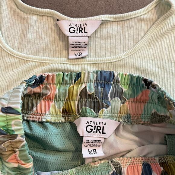 Athleta Girl light green tshirt mosaic color running shorts girls L size 12 set - Picture 4 of 7